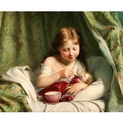 Girl Feeding Her Doll Painting Reproduction