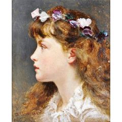 A young girl with a garland of flowers in her hair Painting Reproduction