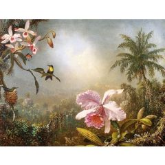 Orchids, Nesting Hummingbirds and a Butterfly Painting Reproduction