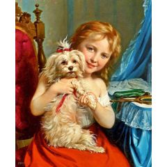 Young Girl with Bichon Frise Painting Reproduction