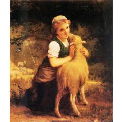 Young Girl with Lamb Painting Reproduction