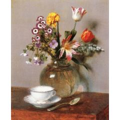 Vase of Flowers with a Coffee Cup Painting Reproduction