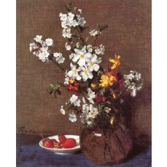 Vase of Flowers with a Plate of Strawberries Painting Reproduction