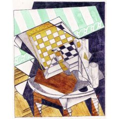 Checkerboard, Bottle and Glass on a Table Painting Reproduction