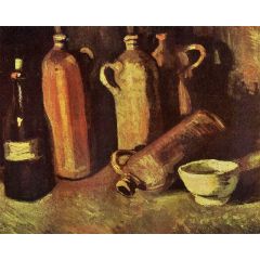 Still Life with Four Stone Bottles, Flask and White Cup Painting Reproduction
