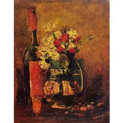 Vase with Carnations and Roses and a Bottle Painting Reproduction