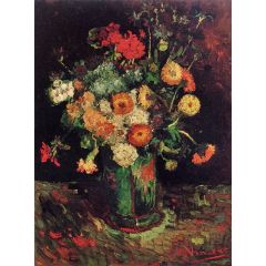 Vase with Zinnias and Geraniums Painting Reproduction
