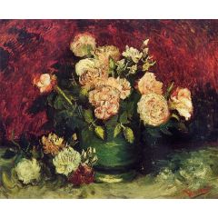 Bowl with Peonies and Roses Painting Reproduction