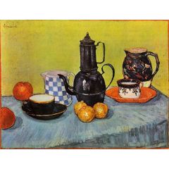 Still Life: Blue Enamel Coffeepot, Earthenware and Fruit Painting Reproduction