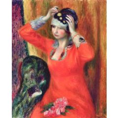 Girl in Red Dress Pinning on Hat Painting Reproduction
