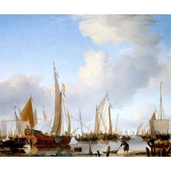 Calm, A States Yacht under Sail close to the Shore with many other Vessels Painting Reproduction