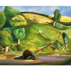 Sailing boat in a cubist landscape Painting Reproduction