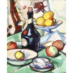 Still LIfe with Benedictine Bottle and Fruit Painting Reproduction