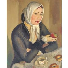 Woman with Apple Painting Reproduction