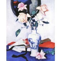 Pink Roses in a Japanese Vase Painting Reproduction