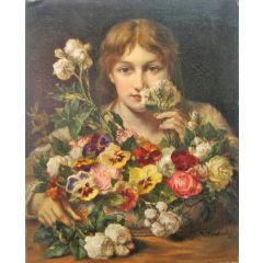 Young Woman with Flowers Painting Reproduction