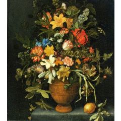 A Floral Still Life with Yellow and White Lilies, an Iris, a Sunflower, a Narcissus, etc. Painting Reproduction