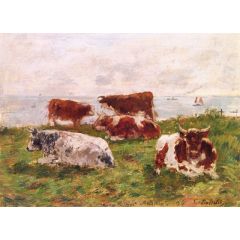Cows in a Meadow by the Sea Painting Reproduction