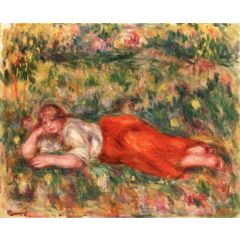 Woman in Red and White Lying on the Grass Painting Reproduction