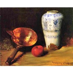 Still Life with China Vase, Copper Pot, an Apple and a Bunch of Grapes Painting Reproduction
