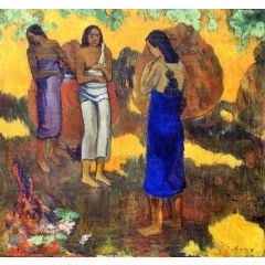 Three Tahitian Women against a Yellow Background Painting Reproduction