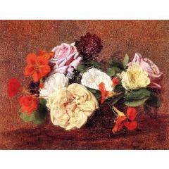 Bouquet of Roses and Nasturtiums Painting Reproduction
