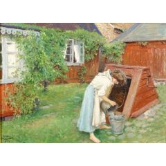 Scene from garden in B?stad, girl fetching water Painting Reproduction