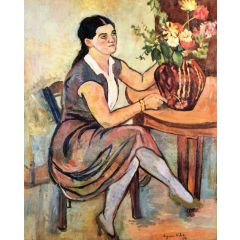 Woman Seated by a Bouquet of Flowers Painting Reproduction