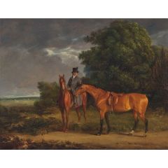 A Groom Mounted on a Chestnut Hunter, He Holds a Bay Hunter by the Reins Painting Reproduction