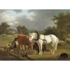 A rural landscape with a ploughman resting with his grey horse, cattle and dog Painting Reproduction