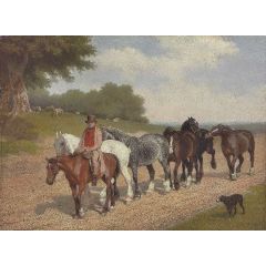 A groom with a string of carthorses and a dog, on a country road Painting Reproduction