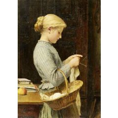 Girl Knitting Painting Reproduction