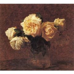Yellow Pink Roses in a Glass Vase, also known as Six Yellow Roses in a Vase Painting Reproduction