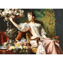 Lady in a Pink Dress with Flowers Painting Reproduction