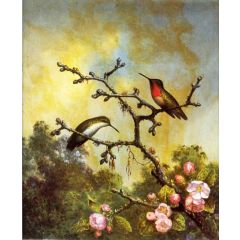 Ruby-Throated Hummingbirds with Apple Blossoms Painting Reproduction
