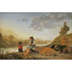River Landscape with Bagpipe Player Painting Reproduction