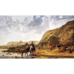 River Landscape with Riders Painting Reproduction