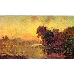Fisherman in Autumn Landscape Painting Reproduction