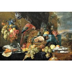 A Richly Laid Table with Parrots Painting Reproduction