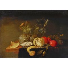 Still Life with a Peeled Lemon, Orange Slices, an Oyster, Plums, etc. Painting Reproduction