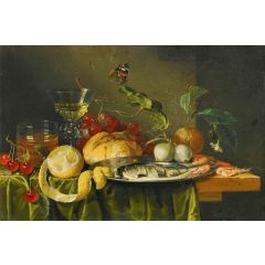 Still life of a Glass of Wine with Grapes, Bread, a Glass of Beer, Fruit, etc. Painting Reproduction