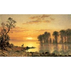 Sunset, Deer, and River Painting Reproduction