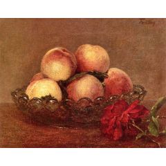 Nature Morte: Peches dans une coupe de verre, une rose fonces avec des feuilles a droite Painting Reproduction