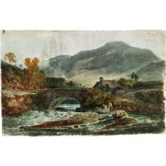 A Single-Arched Stone Bridge and a Cottage, with possibly Aran Fawddwy Behind Painting Reproduction