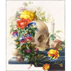 Vanitas Still Life, with a Skull Wreathed with Flowers Painting Reproduction