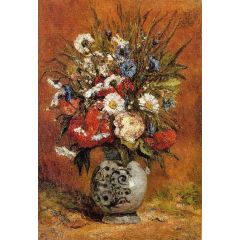 Daisies and Peonies in a Blue Vase Painting Reproduction