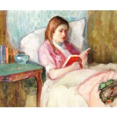 Young Woman Reading in Bed Painting Reproduction