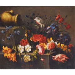A Tulip, Roses, Dahlias, Peonies, Campanula, Orange Blossom on some Steps Painting Reproduction