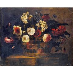 Still Life of Flowers in a Wicker Basket Painting Reproduction