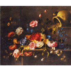 Lilies, Roses Peonies, Pinks, Iris, a Tulip and other Flowers on a Stone Ledge Painting Reproduction
